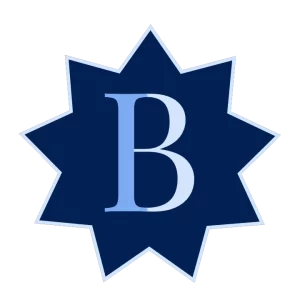 Bahai Ideas Logo Dark blue ninepointed star with a light blue B with a blue I making up the straight side of the letter B.